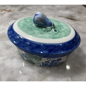 Ceramic Nancy Calhoun "Moonlight" Serving Dish w/ Lid Blue, Green, White, Pear